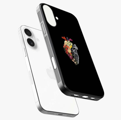 Heart With Flowers Glass Case laid diagonally highlighting side profile, edges and glossy glass shine.