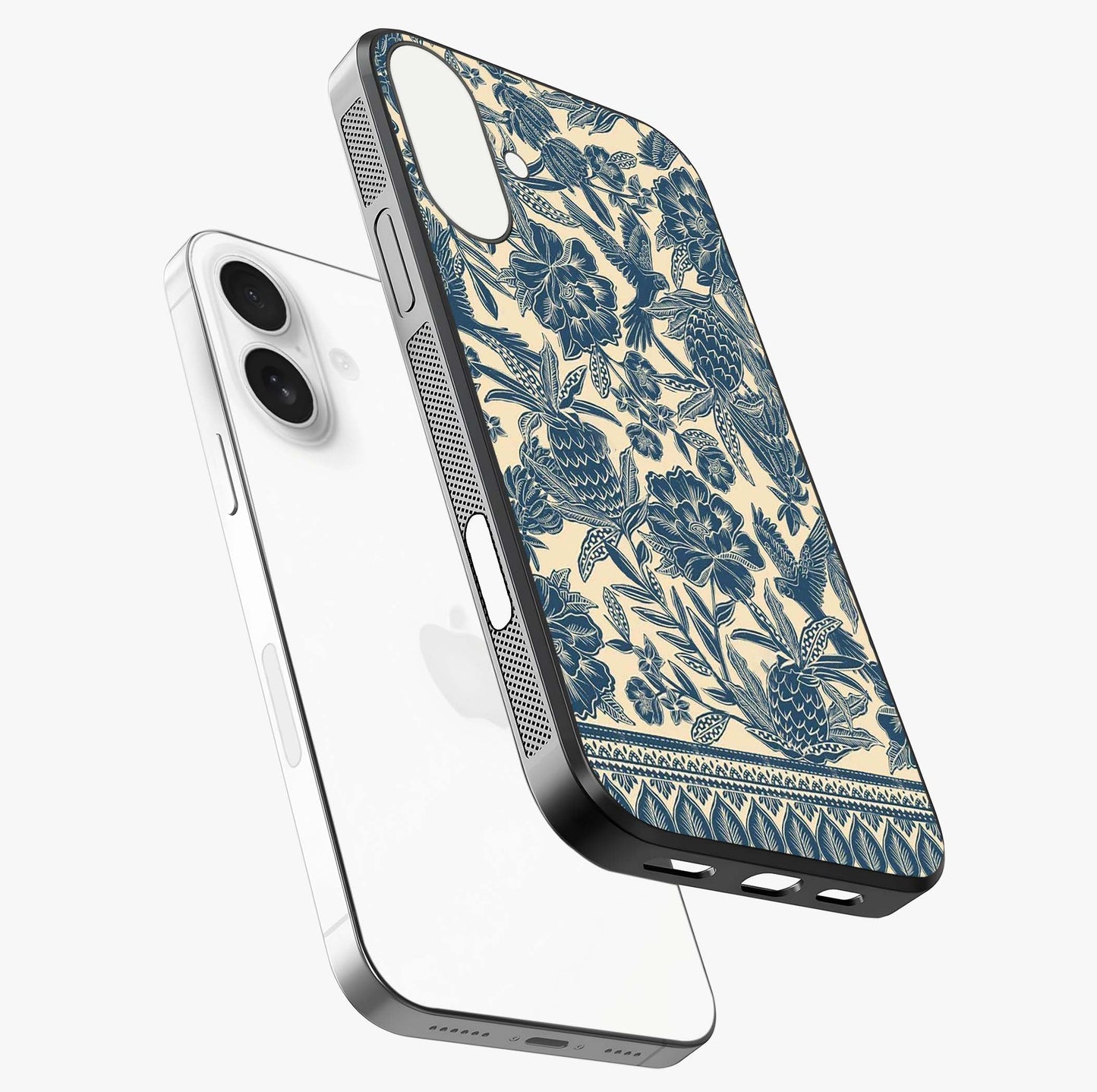 Heirloom Wild Bloom Glass Case laid diagonally highlighting side profile, edges and glossy glass shine.