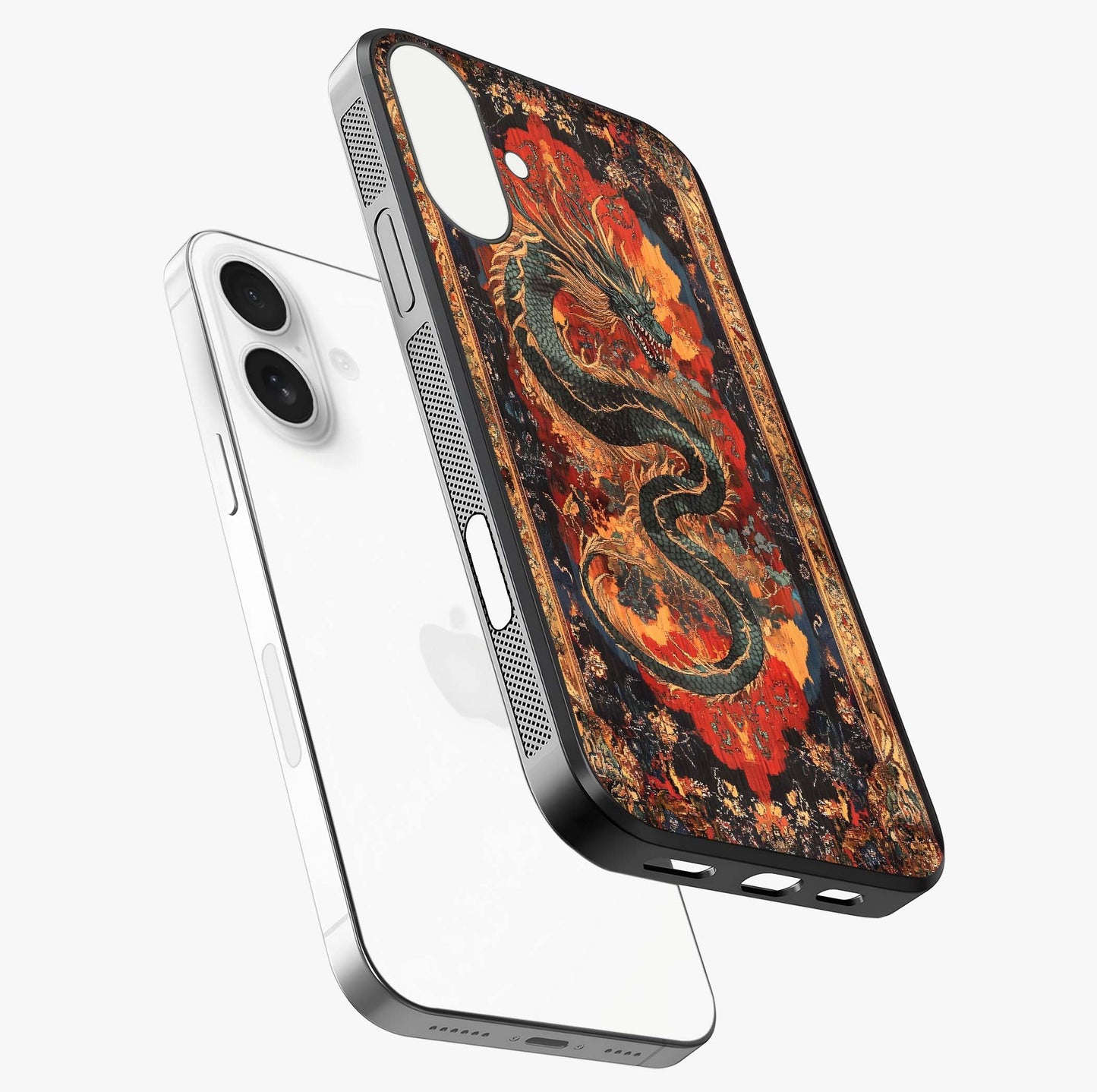 Inferno Dragon Soul Glass Case laid diagonally highlighting side profile, edges and glossy glass shine.