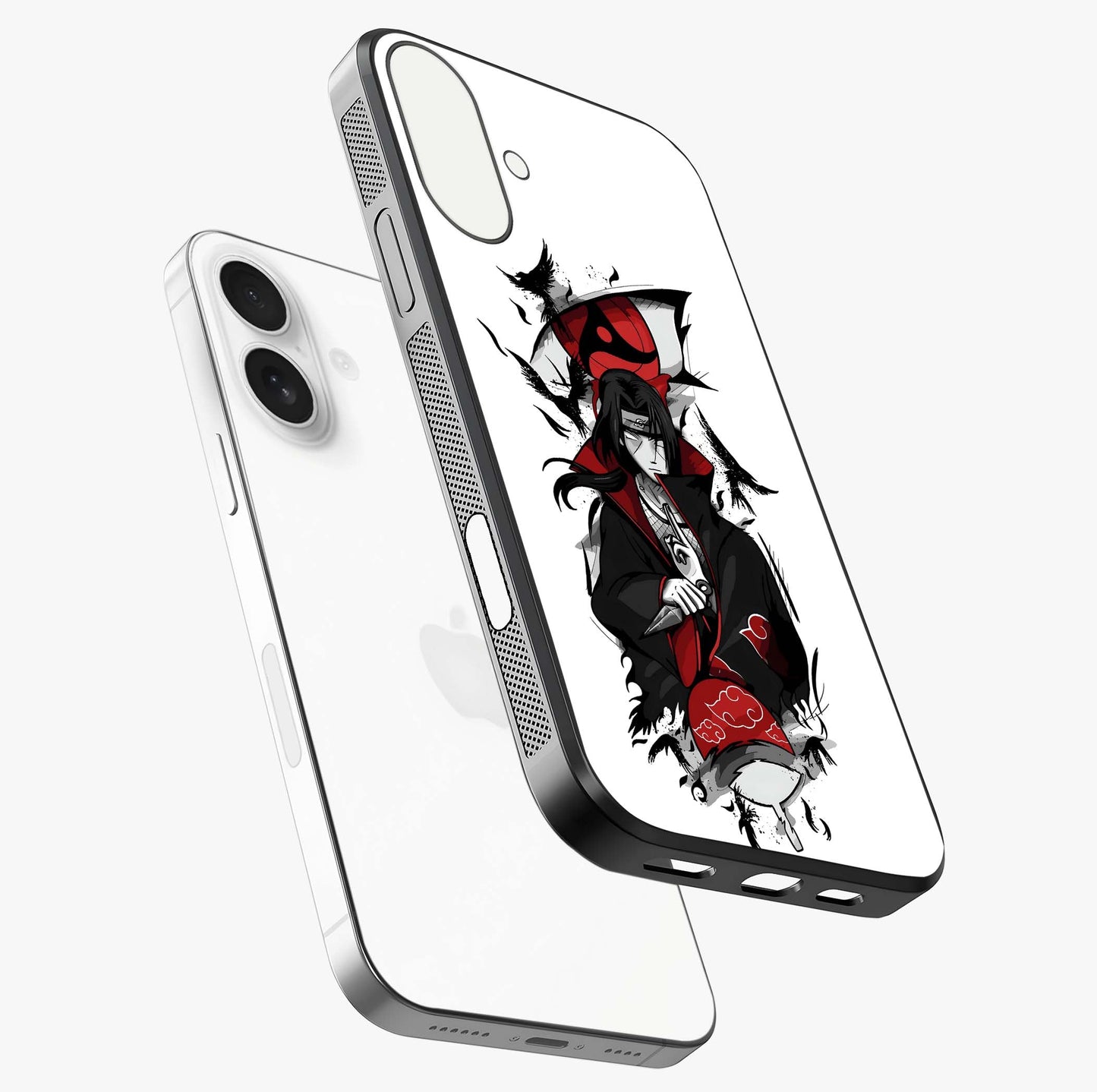 Itachi Limited Edition Naruto Anime Glass Case laid diagonally highlighting side profile, edges and glossy glass shine.