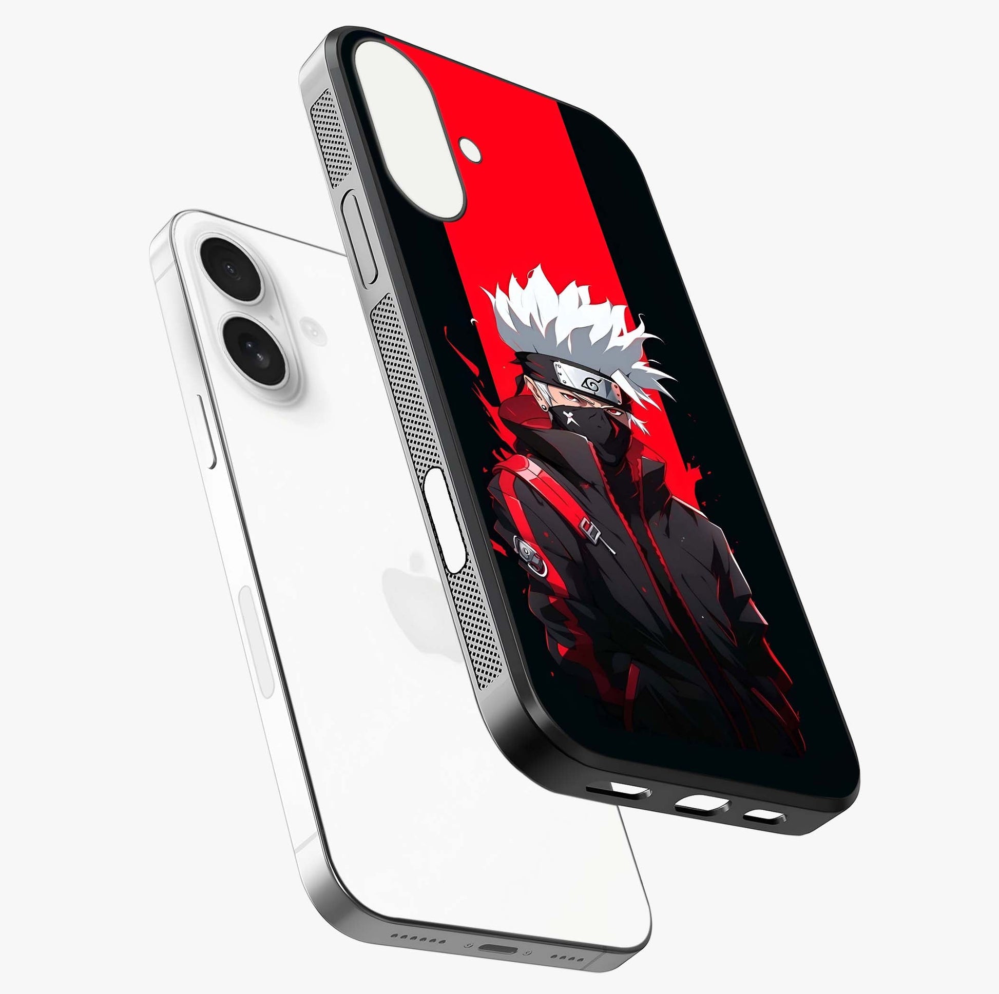 Kakashi Scarlet Shadow Glass Case laid diagonally highlighting side profile, edges and glossy glass shine.