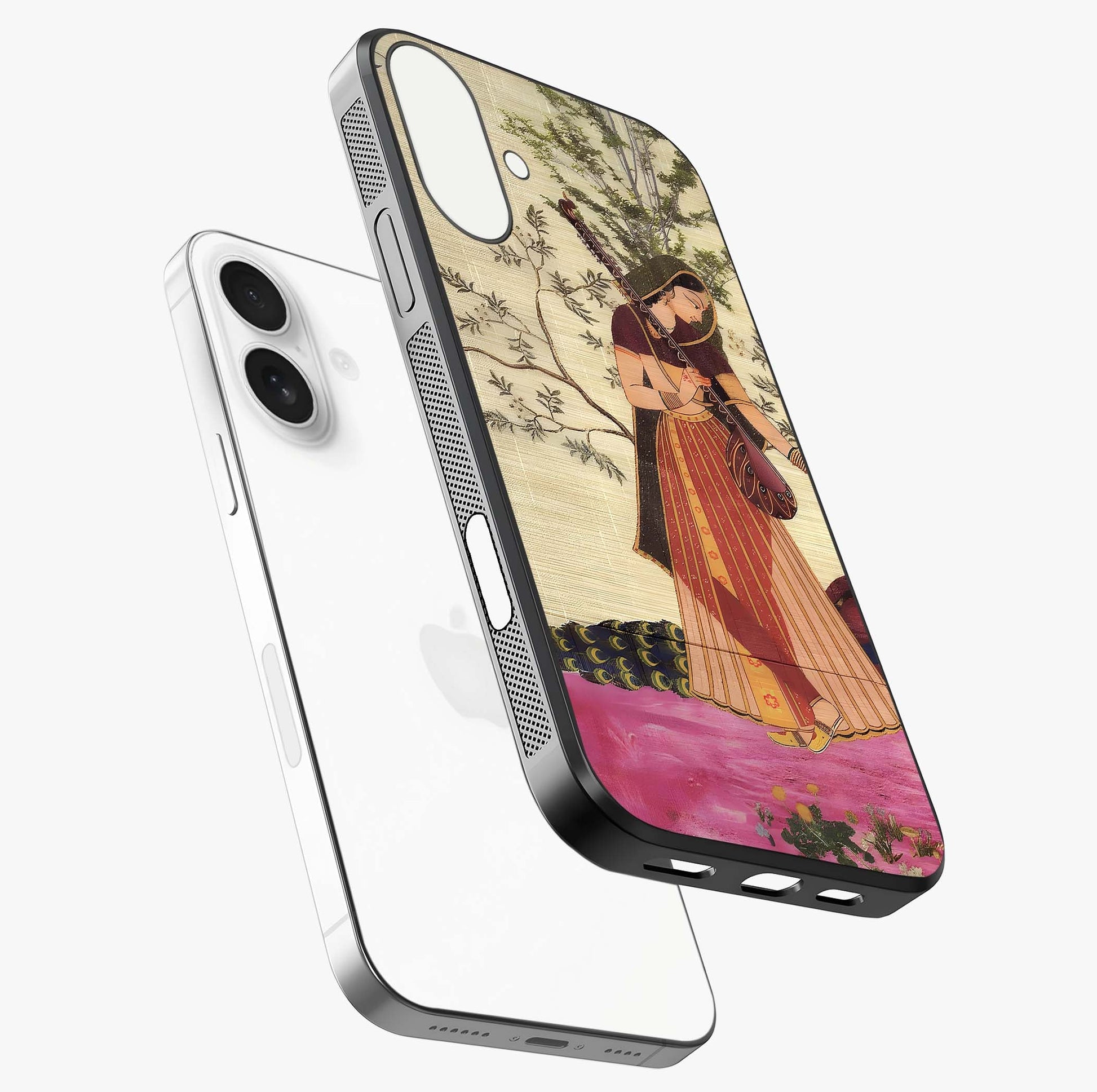 Lady With Veena Art Glass Case laid diagonally highlighting side profile, edges and glossy glass shine.