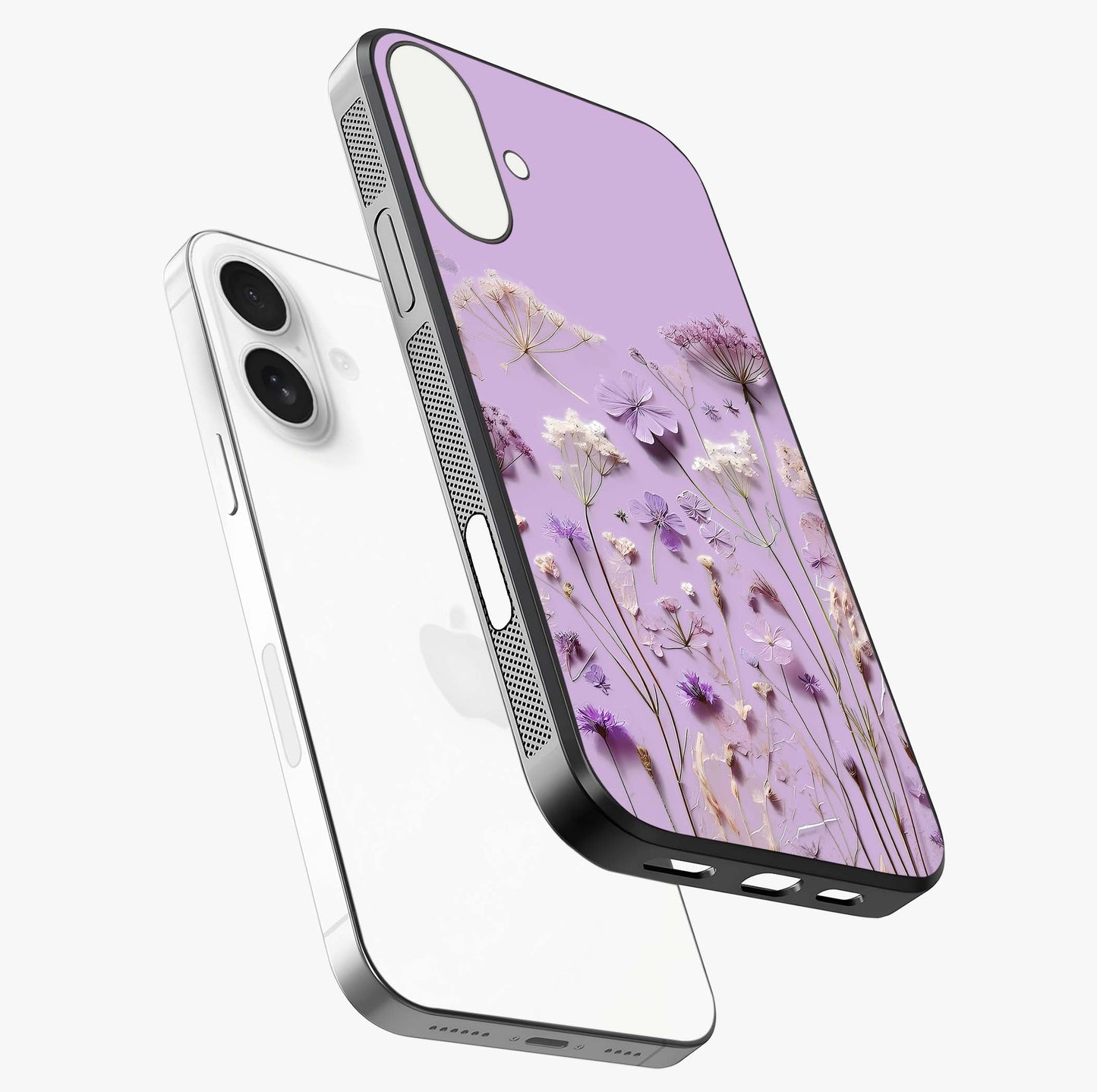 Lavender Blossom Dream Glass Case laid diagonally highlighting side profile, edges and glossy glass shine.