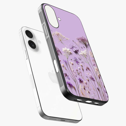 Lavender Blossom Dream Glass Case laid diagonally highlighting side profile, edges and glossy glass shine.