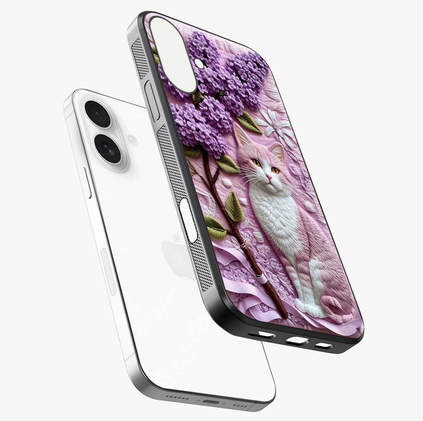 Lavender Cat Whimsy Glass Case laid diagonally highlighting side profile, edges and glossy glass shine.