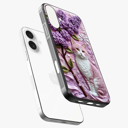 Lavender Cat Whimsy Glass Case laid diagonally highlighting side profile, edges and glossy glass shine.