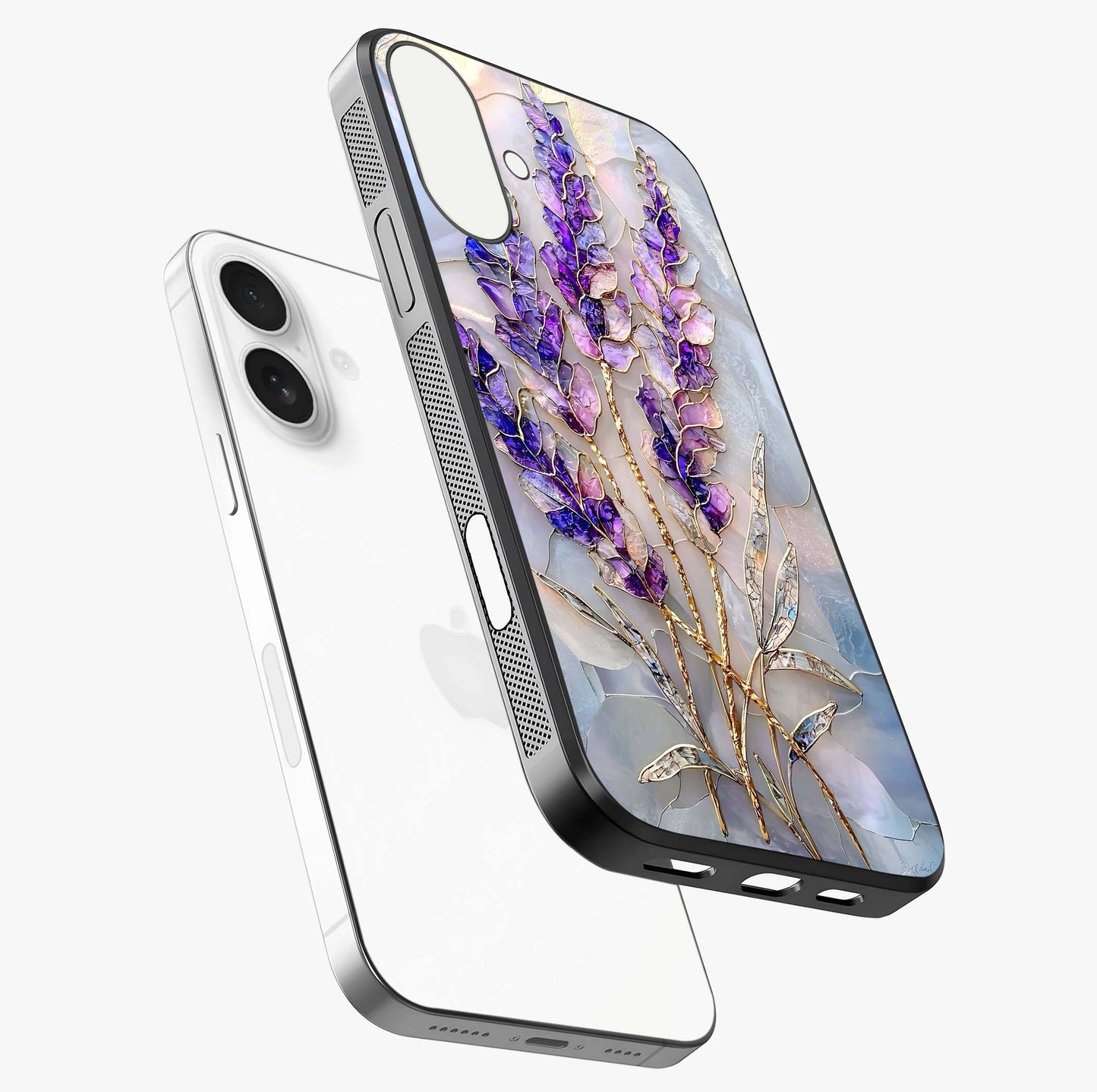 Lavender Dream Glow Glass Case laid diagonally highlighting side profile, edges and glossy glass shine.