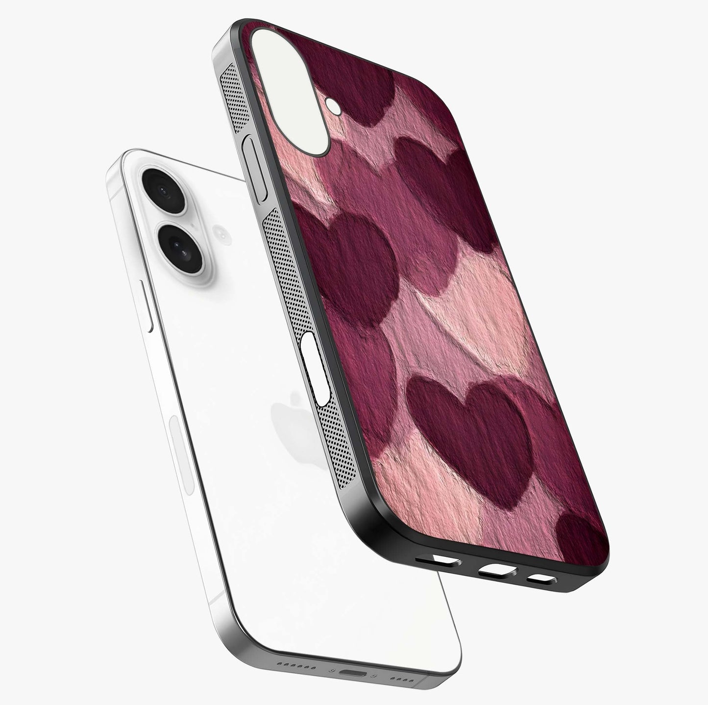 Layered Paper Hearts Glass Case laid diagonally highlighting side profile, edges and glossy glass shine.