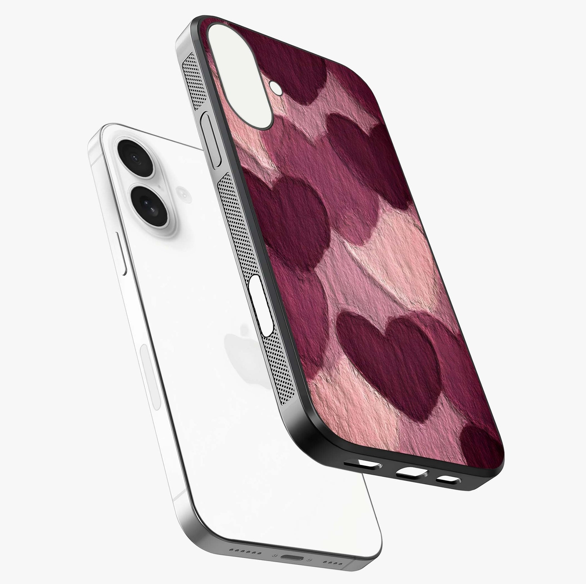 Layered Paper Hearts Glass Case laid diagonally highlighting side profile, edges and glossy glass shine.