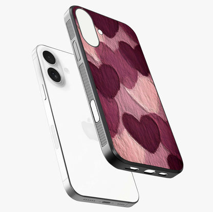 Layered Paper Hearts Glass Case laid diagonally highlighting side profile, edges and glossy glass shine.