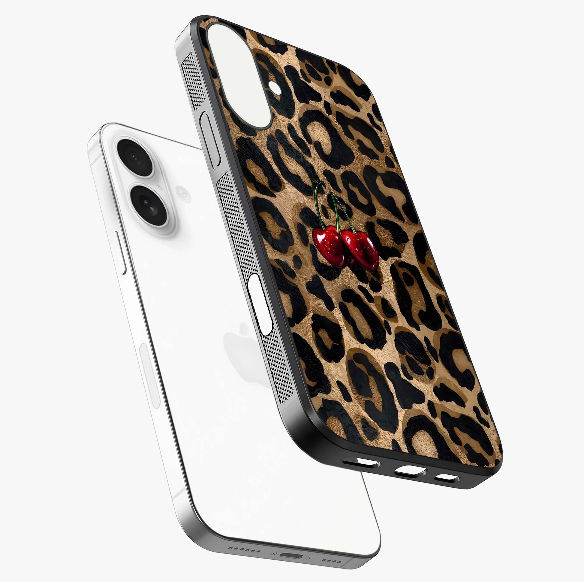 Leopard Wild Cherry Glass Case laid diagonally highlighting side profile, edges and glossy glass shine.