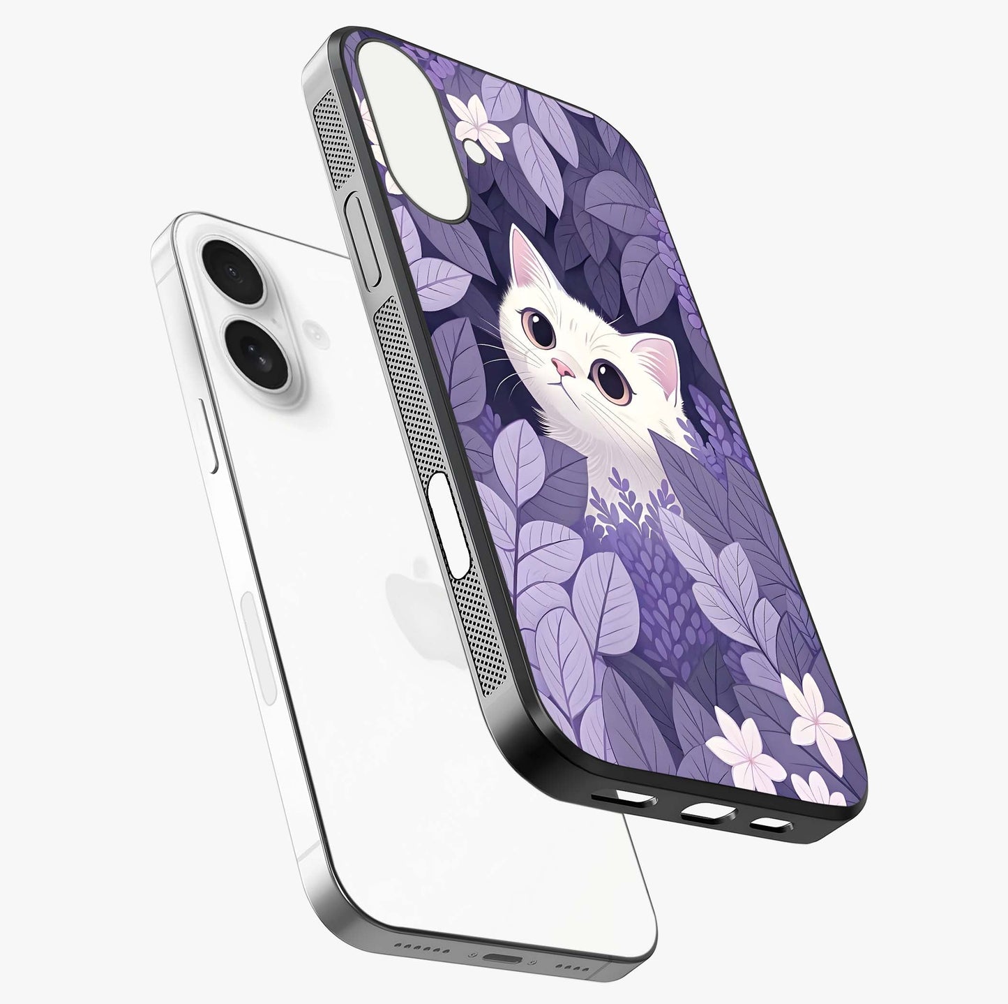 Lilac Hide Peek Cat Glass Case laid diagonally highlighting side profile, edges and glossy glass shine.
