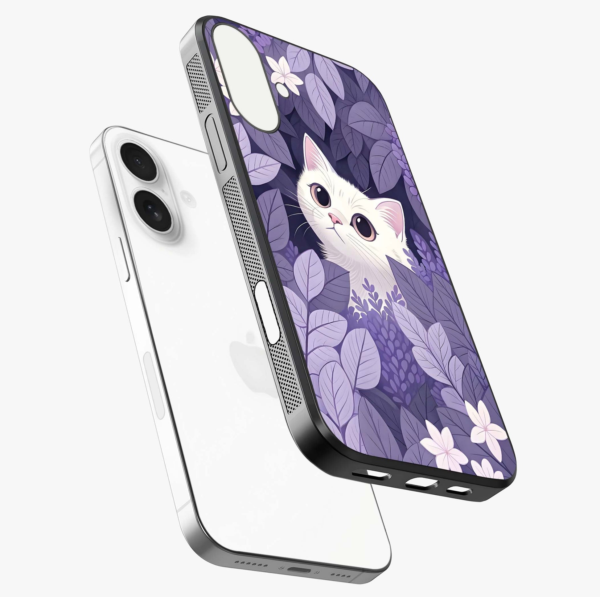 Lilac Hide Peek Cat Glass Case laid diagonally highlighting side profile, edges and glossy glass shine.