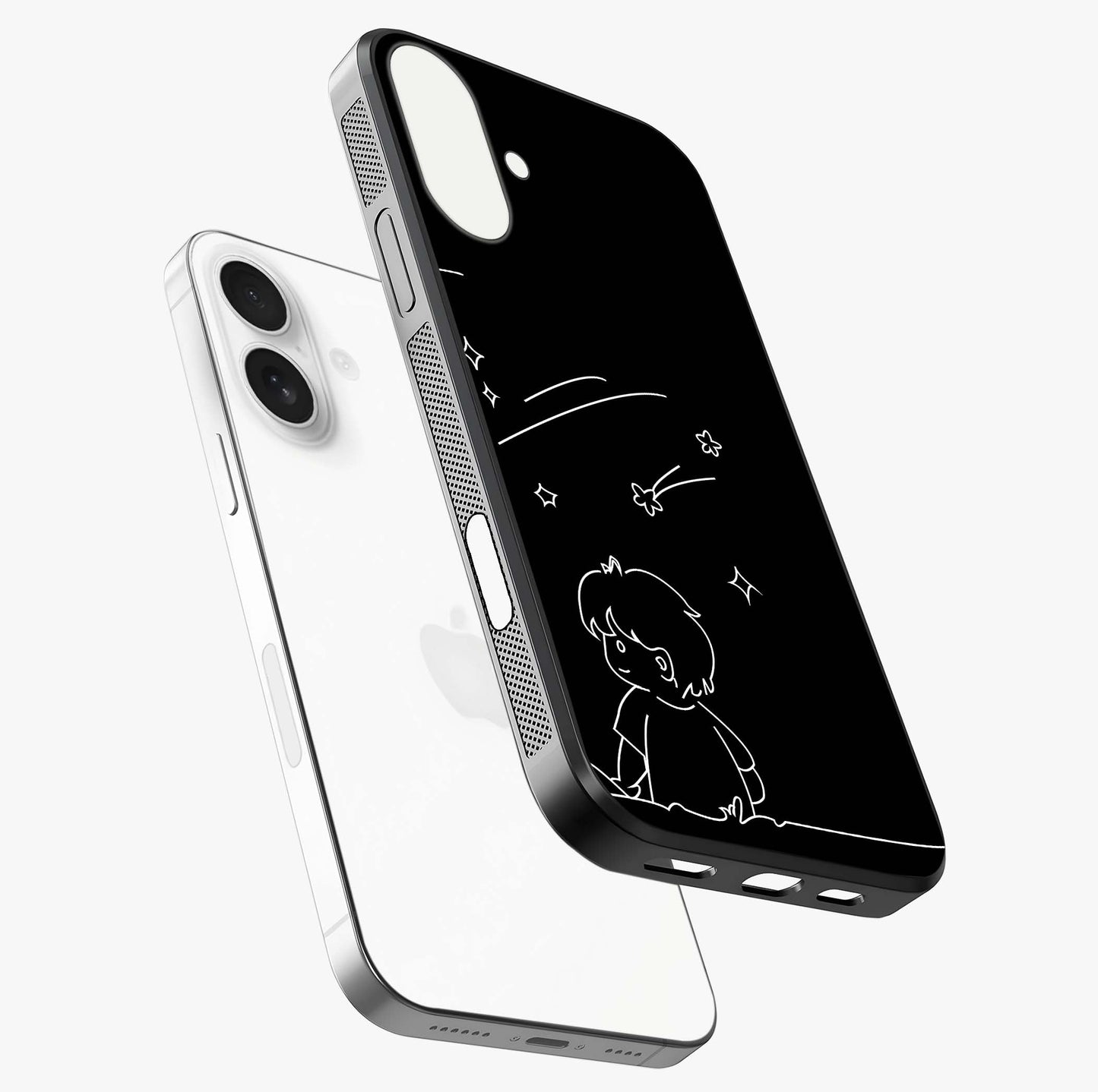 Line Art Boy With Shooting Stars Glass Case laid diagonally highlighting side profile, edges and glossy glass shine.