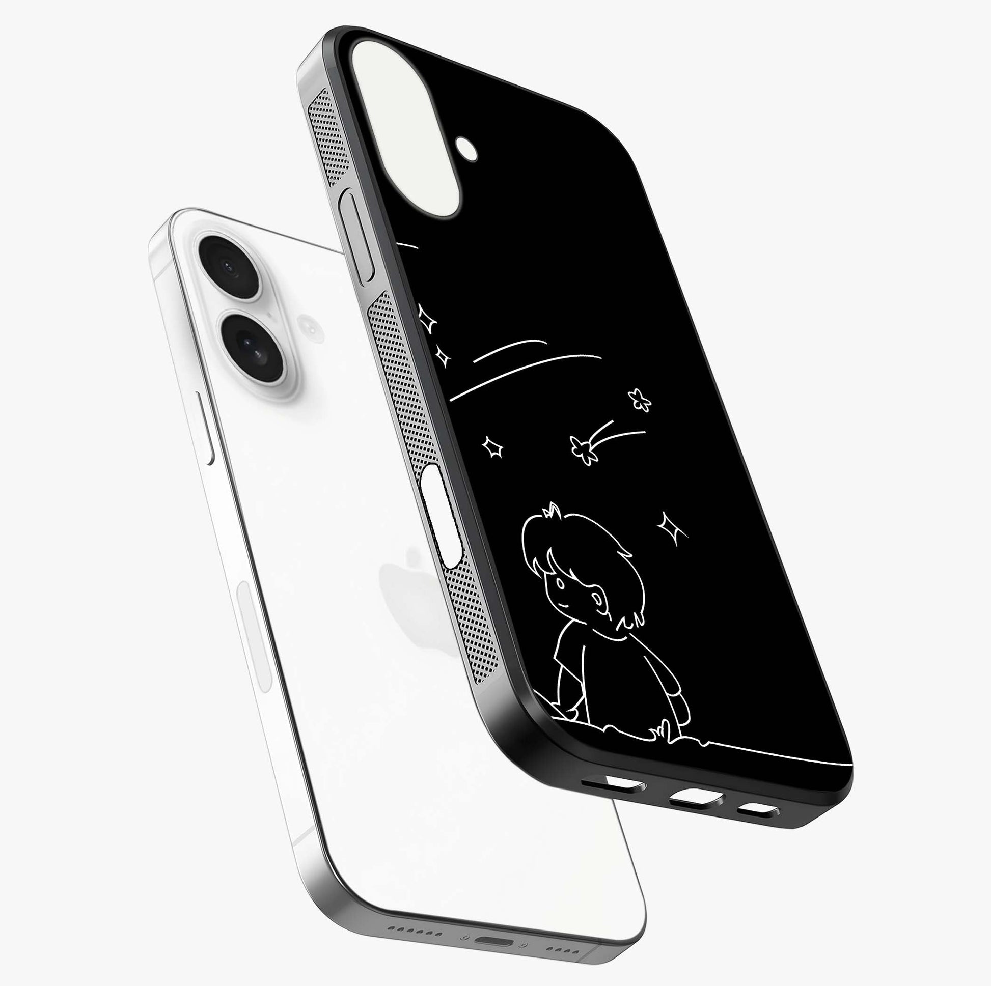 Line Art Boy With Shooting Stars Glass Case laid diagonally highlighting side profile, edges and glossy glass shine.