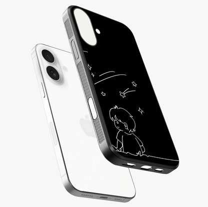 Line Art Boy With Shooting Stars Glass Case laid diagonally highlighting side profile, edges and glossy glass shine.
