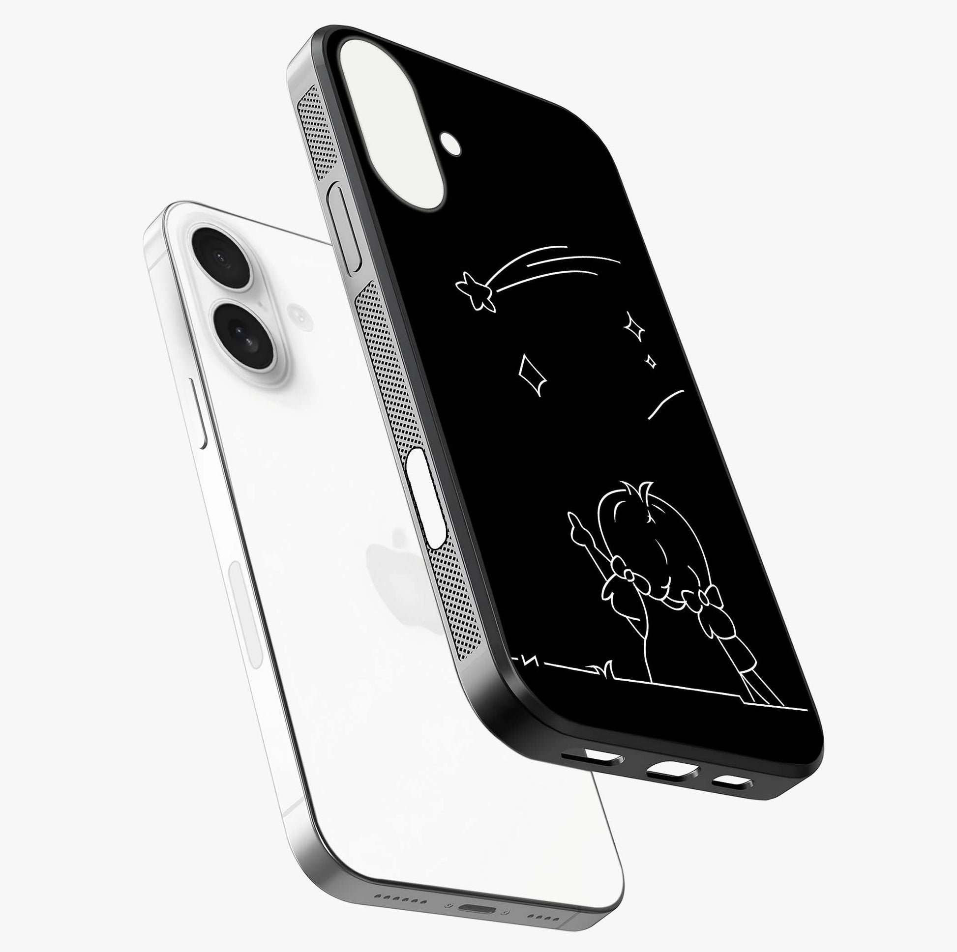 Line Art Girl With Shooting Stars Glass Case laid diagonally highlighting side profile, edges and glossy glass shine.
