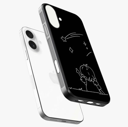 Line Art Girl With Shooting Stars Glass Case laid diagonally highlighting side profile, edges and glossy glass shine.
