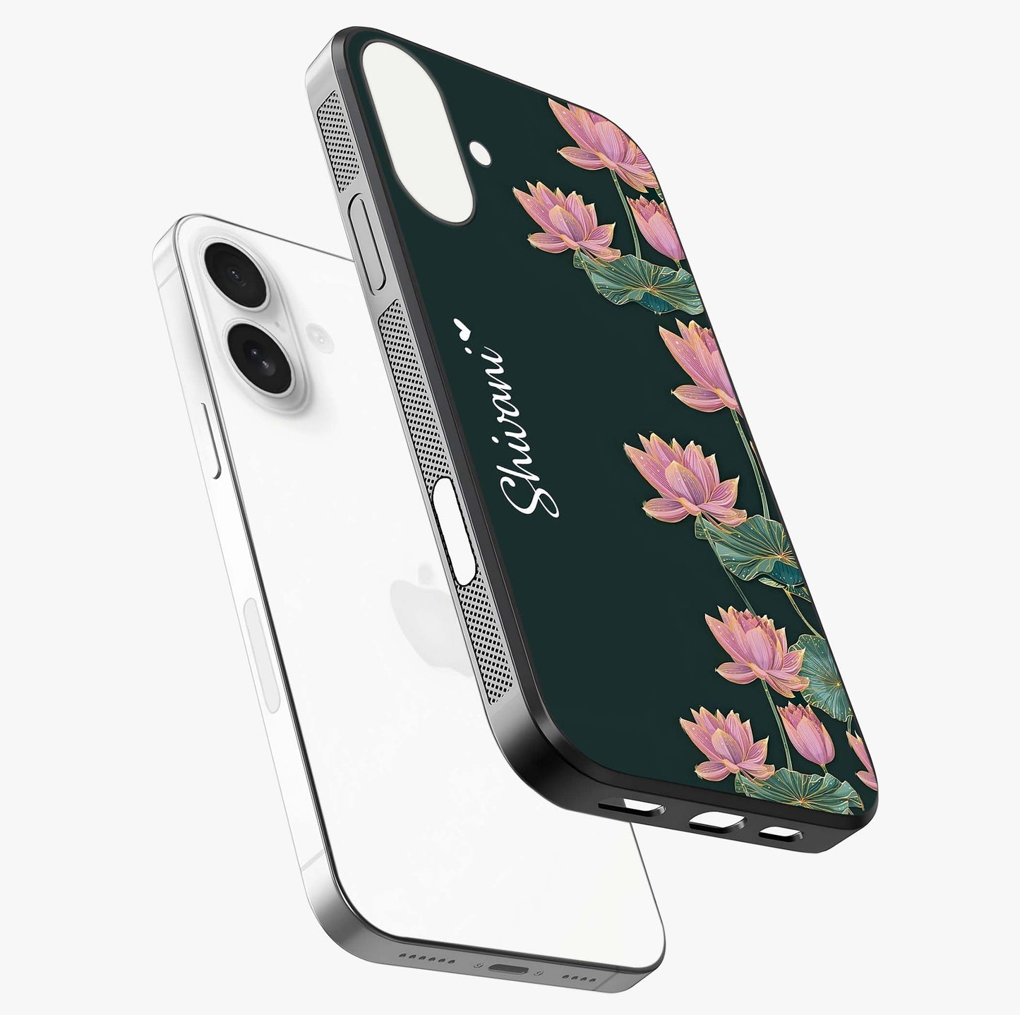 Lotus Bloom Serenity Custom Name Glass Case laid diagonally highlighting side profile, edges and glossy glass shine.
