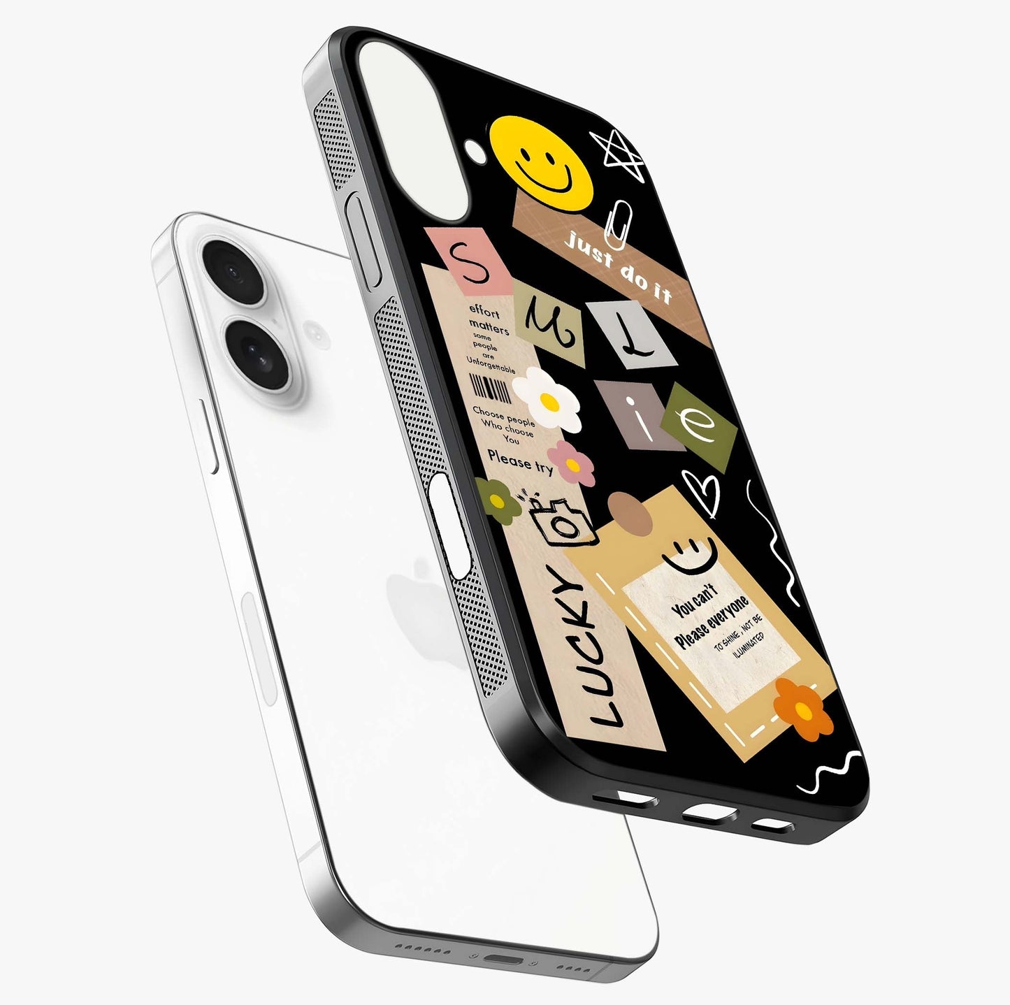 Lucky Aesthetic Collage Glass Case laid diagonally highlighting side profile, edges and glossy glass shine.