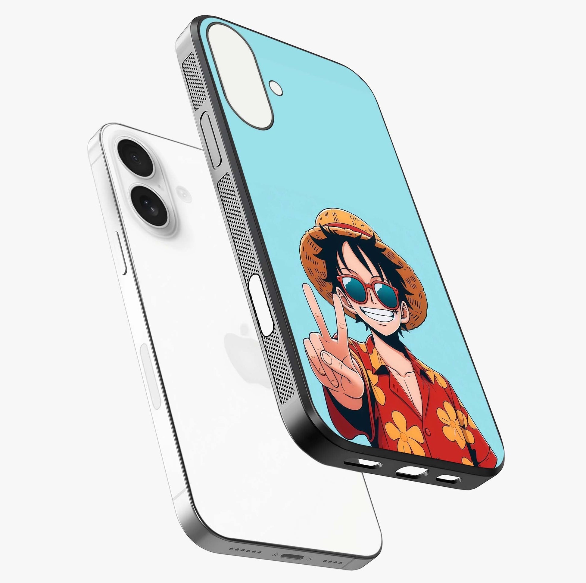 Luffy Summer Anime Vibe Glass Case laid diagonally highlighting side profile, edges and glossy glass shine.