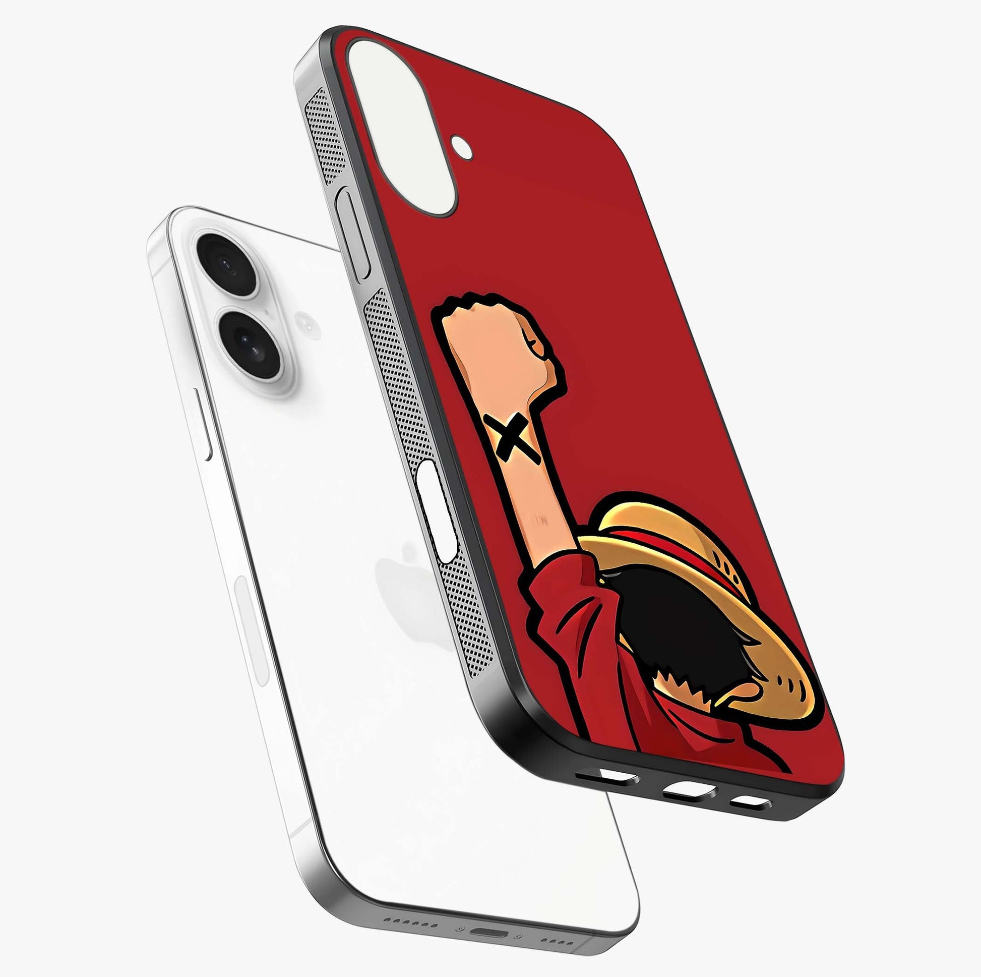 Luffy X Spirit Glass Case laid diagonally highlighting side profile, edges and glossy glass shine.