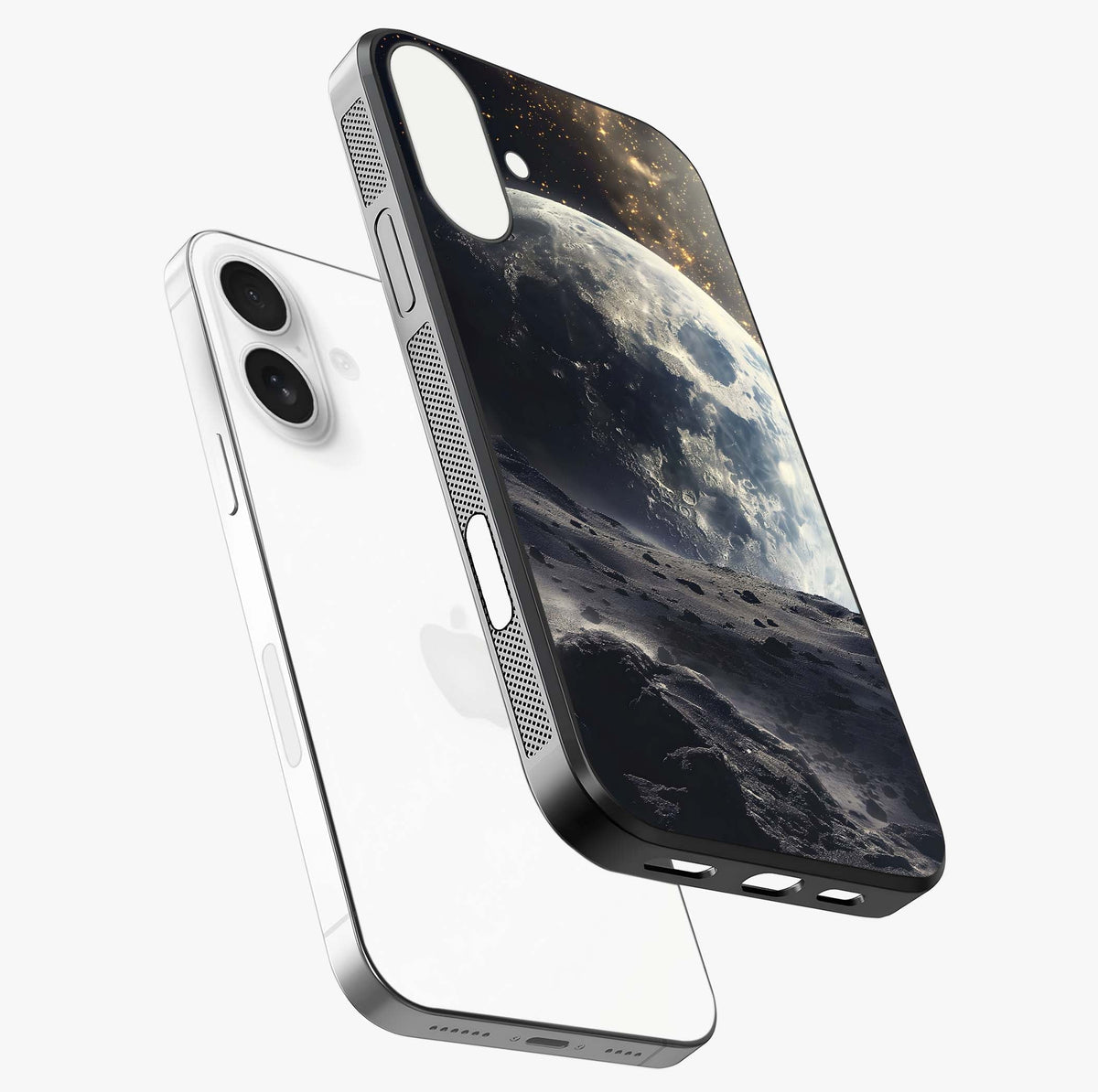 Lunar Horizon Glow Glass Case laid diagonally highlighting side profile, edges and glossy glass shine.