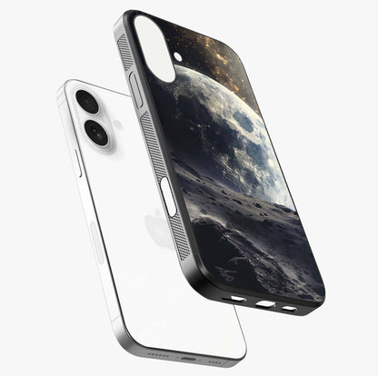 Lunar Horizon Glow Glass Case laid diagonally highlighting side profile, edges and glossy glass shine.