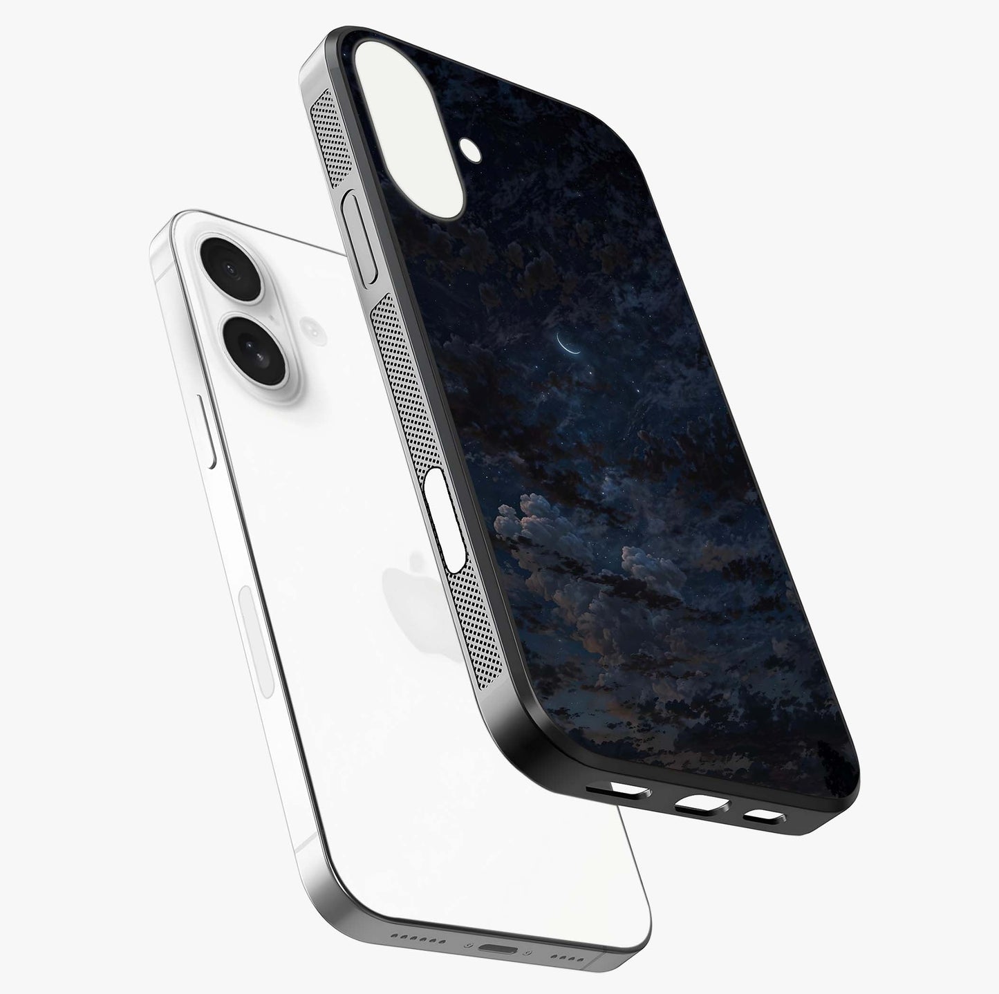 Lunar Veil Silence Glass Case laid diagonally highlighting side profile, edges and glossy glass shine.