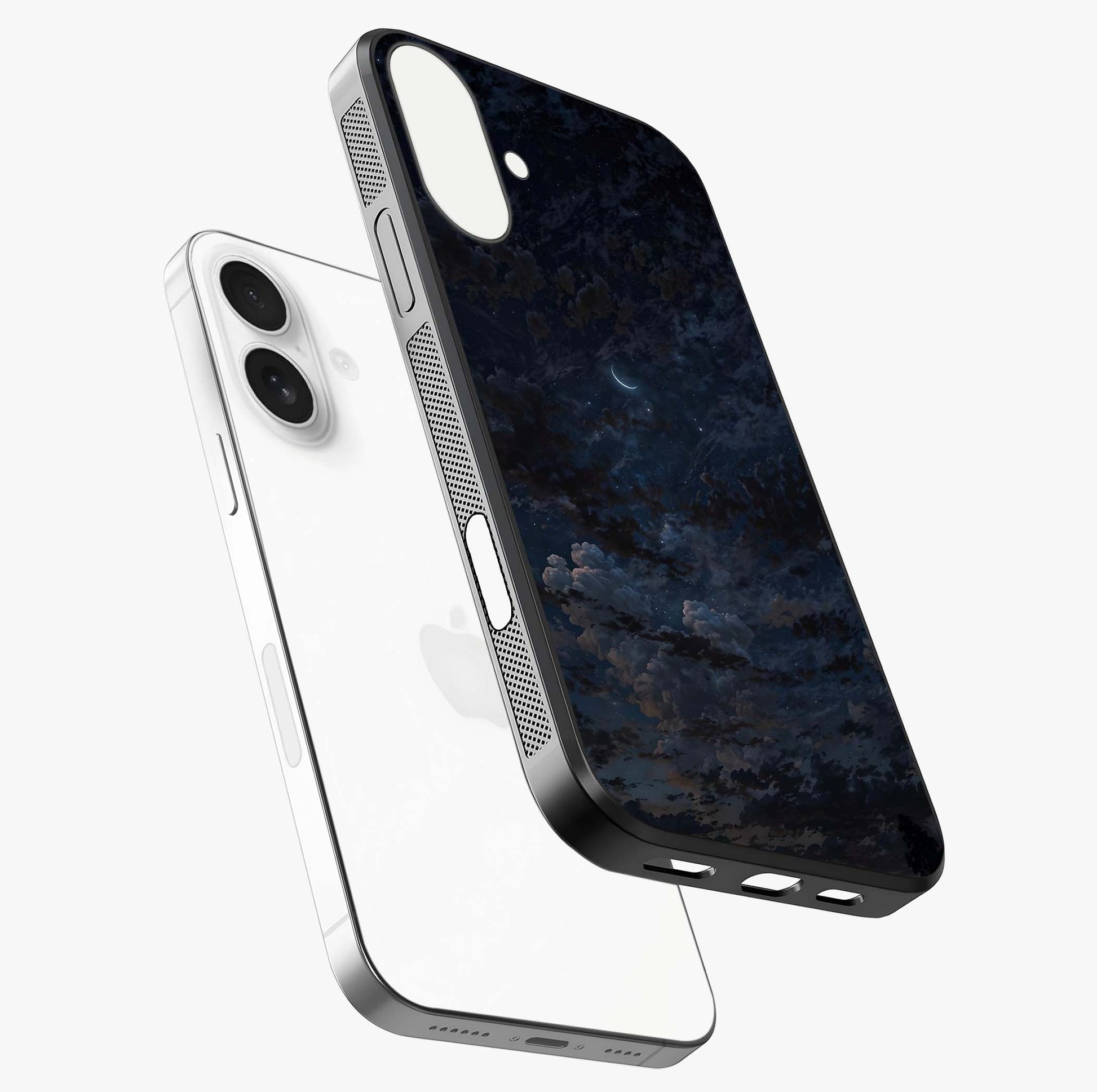 Lunar Veil Silence Glass Case laid diagonally highlighting side profile, edges and glossy glass shine.