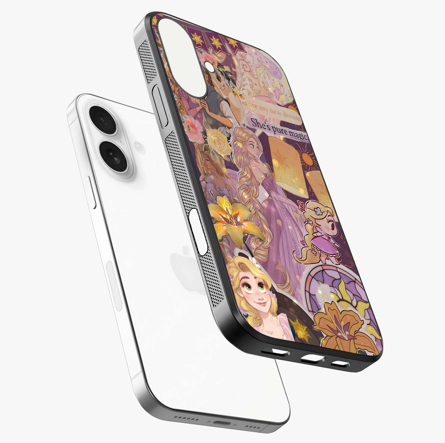 Magical Tangled Dream Glass Case laid diagonally highlighting side profile, edges and glossy glass shine.