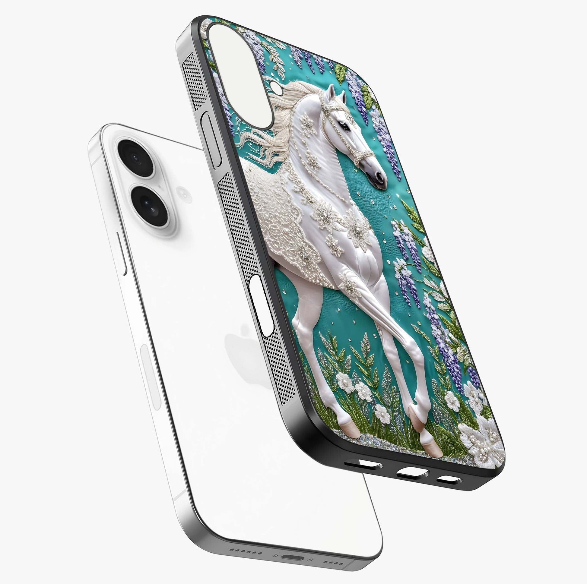 Majestic Floral Stallion Glass Case laid diagonally highlighting side profile, edges and glossy glass shine.