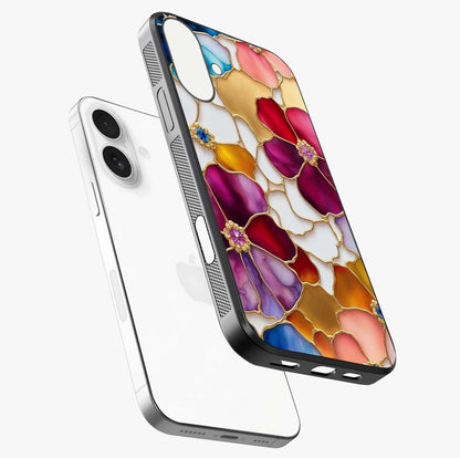 Marble Flower Pattern Glass Case laid diagonally highlighting side profile, edges and glossy glass shine.