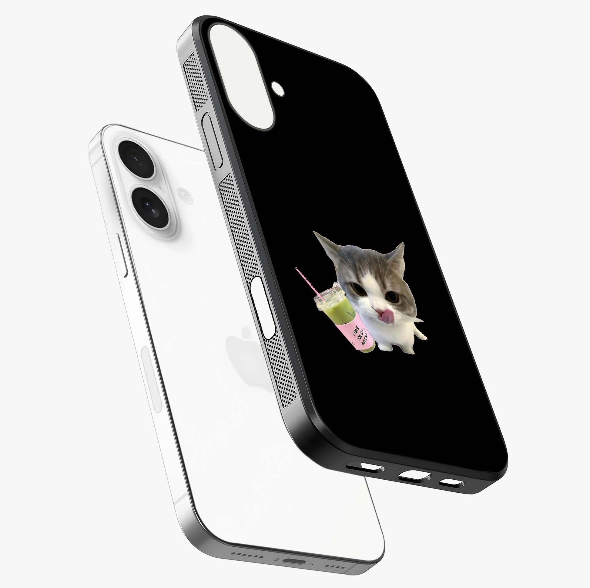 Matcha Cat Style Glass Case laid diagonally highlighting side profile, edges and glossy glass shine.