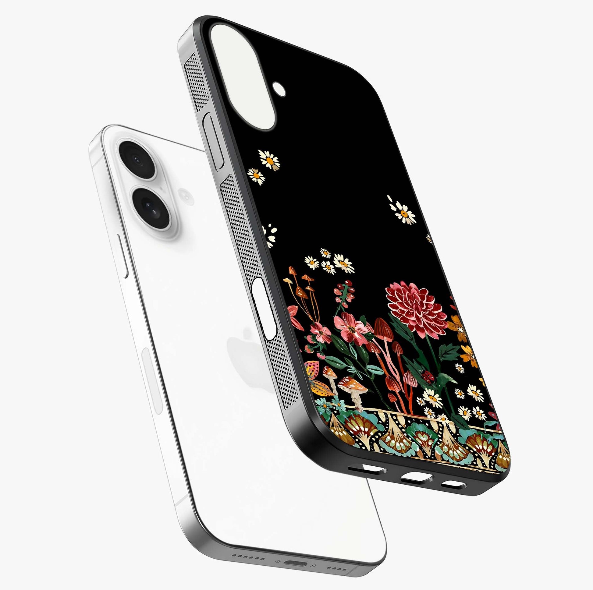 Midnight Bloom Pattern Glass Case laid diagonally highlighting side profile, edges and glossy glass shine.