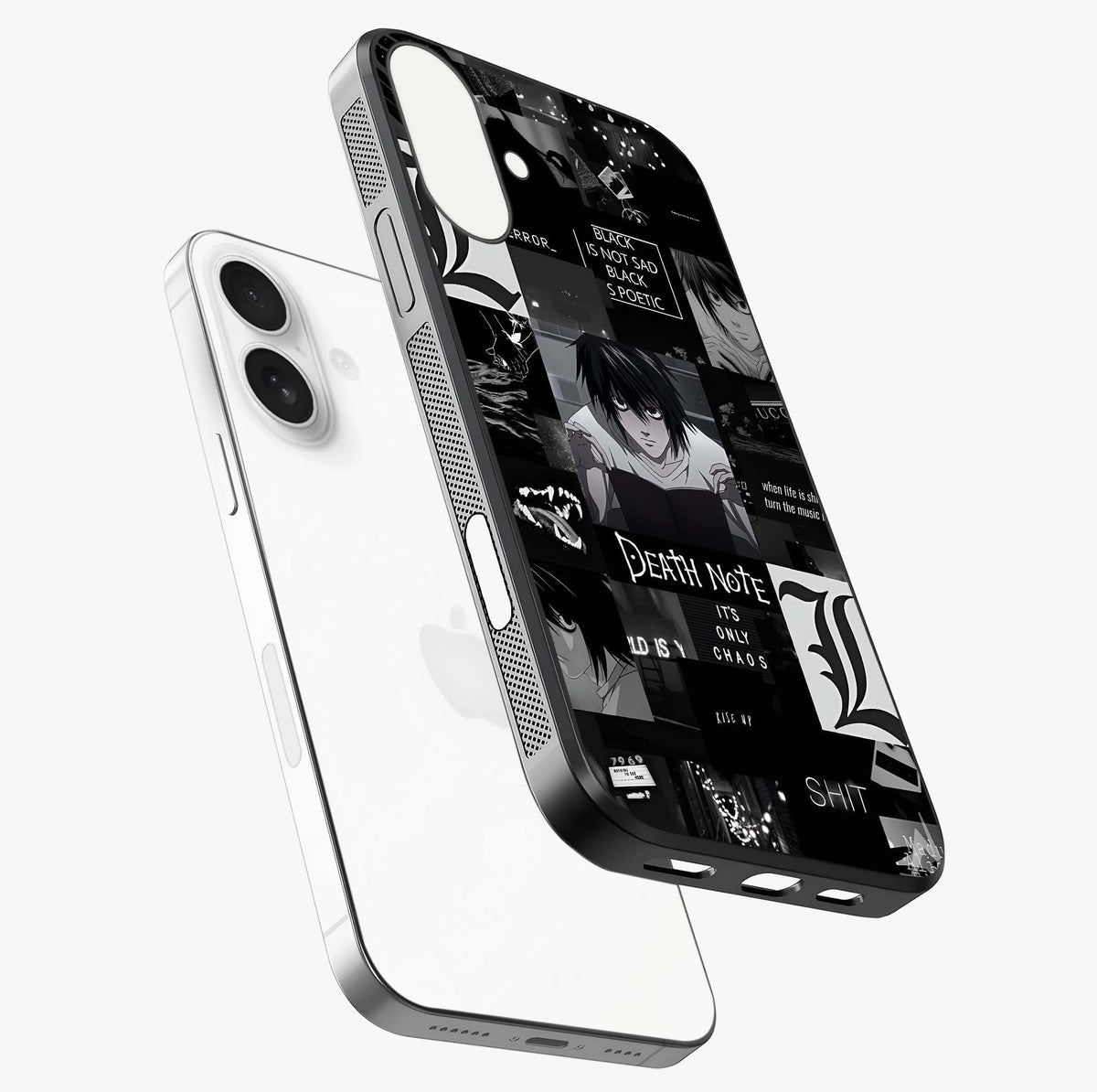 Midnight Chaos Mind Glass Case laid diagonally highlighting side profile, edges and glossy glass shine.
