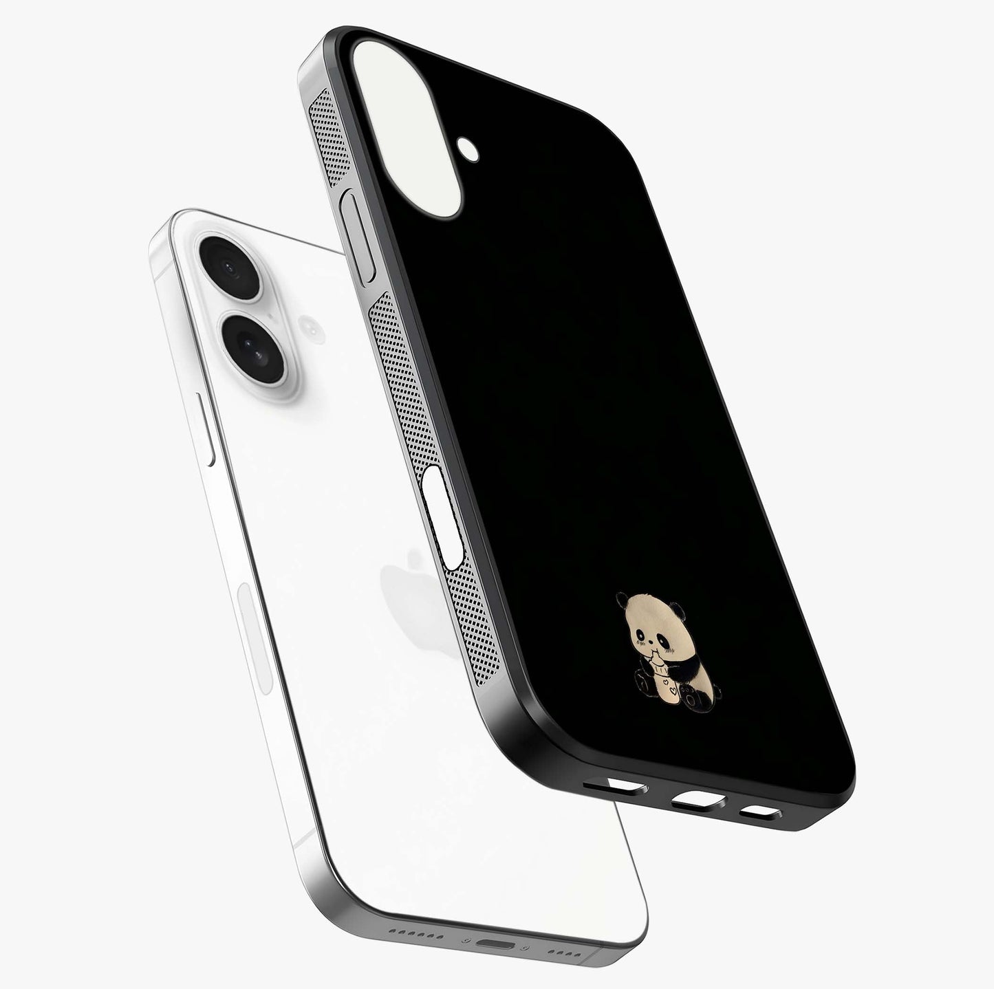 Midnight Panda Love Glass Case laid diagonally highlighting side profile, edges and glossy glass shine.