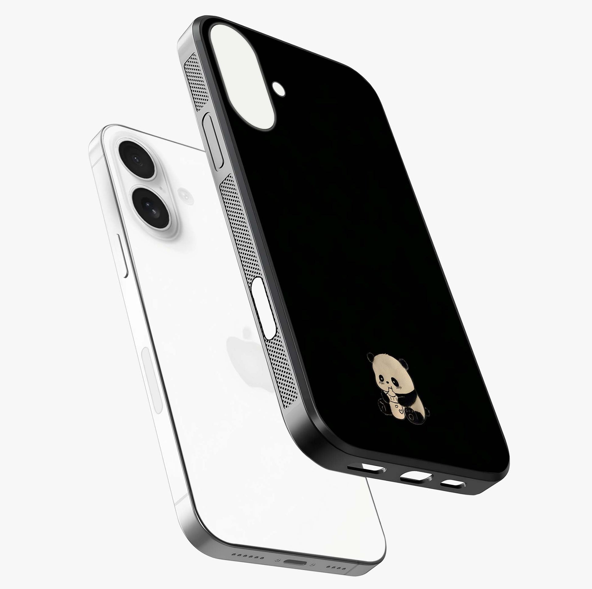 Midnight Panda Love Glass Case laid diagonally highlighting side profile, edges and glossy glass shine.