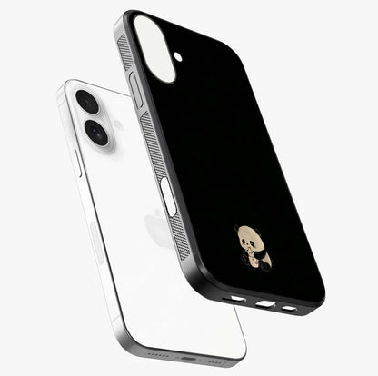 Midnight Panda Love Glass Case laid diagonally highlighting side profile, edges and glossy glass shine.