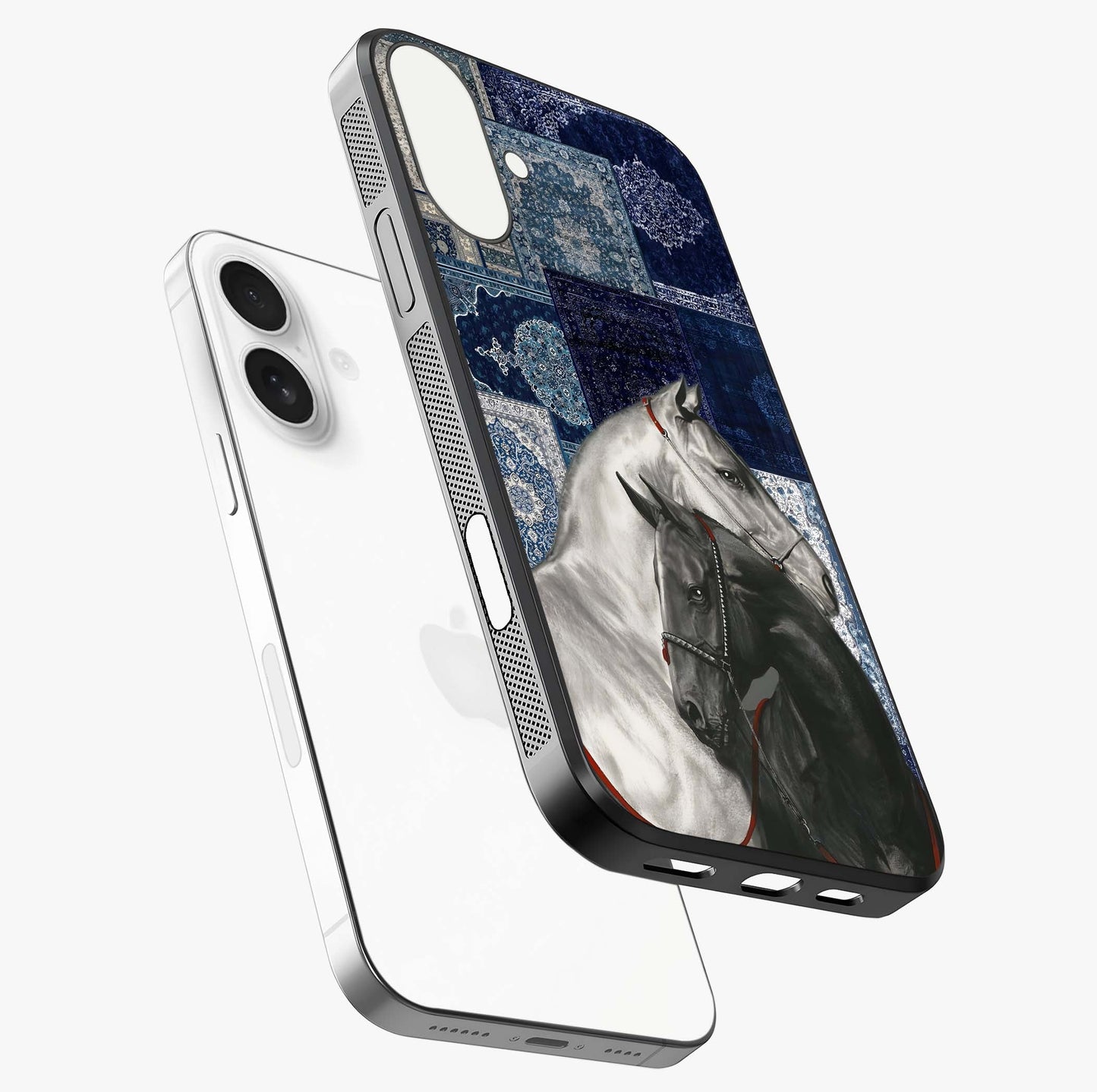 Midnight Stallion Blues Glass Case laid diagonally highlighting side profile, edges and glossy glass shine.