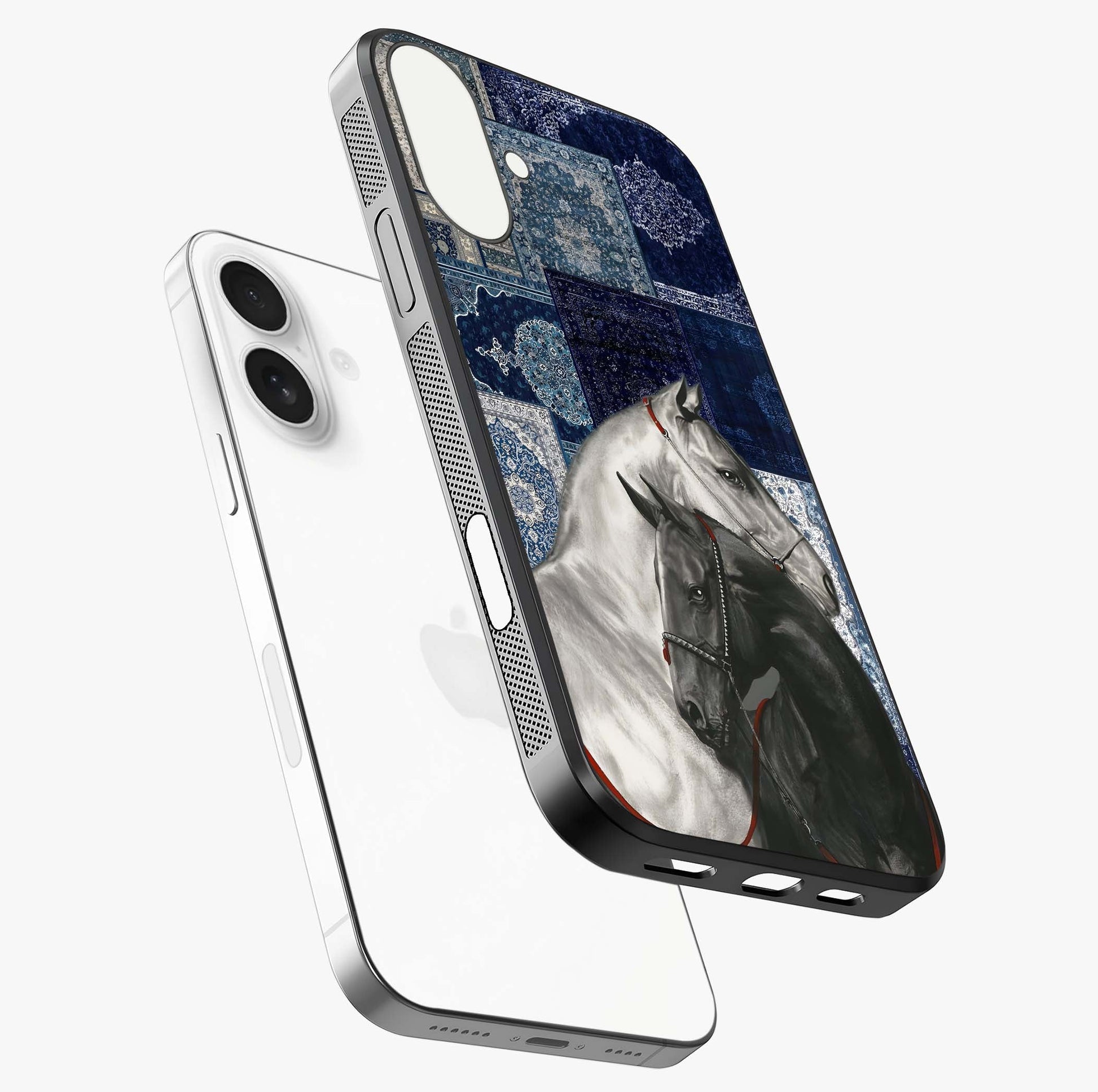 Midnight Stallion Blues Glass Case laid diagonally highlighting side profile, edges and glossy glass shine.