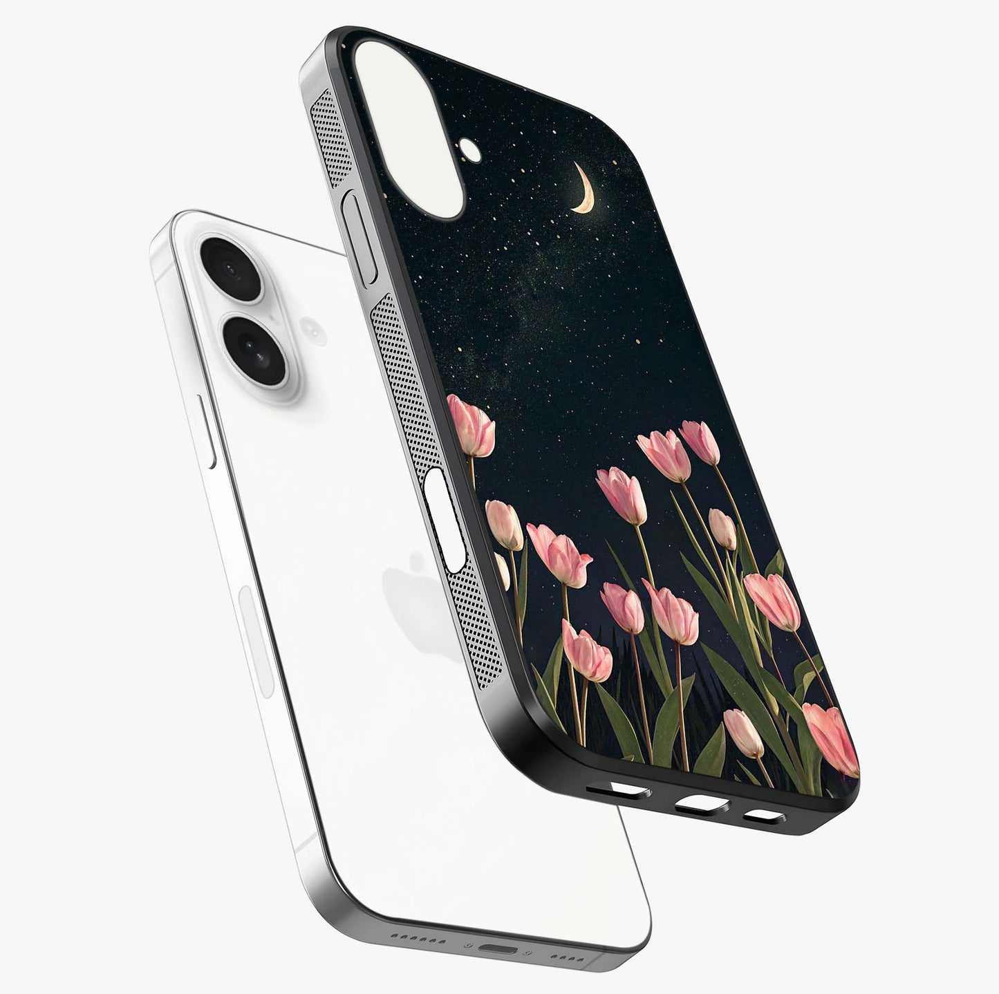 Midnight Tulip Whispers Vibe Glass Case laid diagonally highlighting side profile, edges and glossy glass shine.