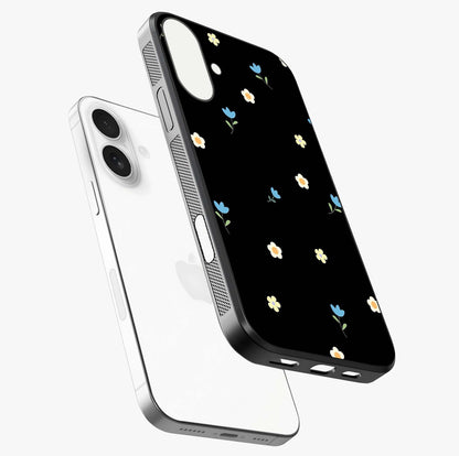 Minimal Petal Whispers Glass Case laid diagonally highlighting side profile, edges and glossy glass shine.