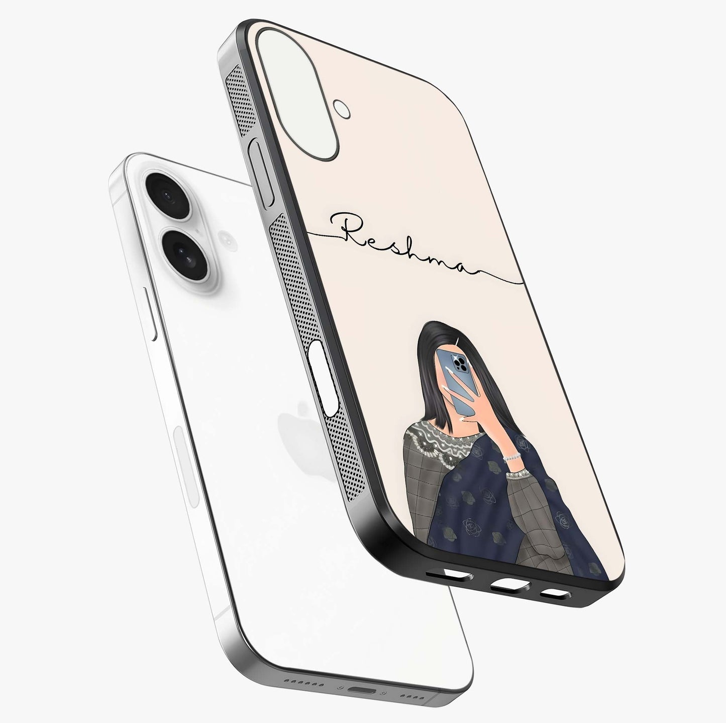 Mirror Mood Muse With Custom Name Glass Case laid diagonally highlighting side profile, edges and glossy glass shine.