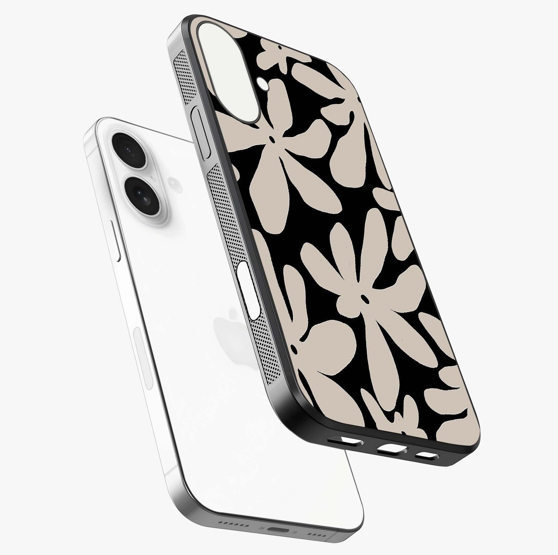 Monochrome Petal Dance Glass Case laid diagonally highlighting side profile, edges and glossy glass shine.
