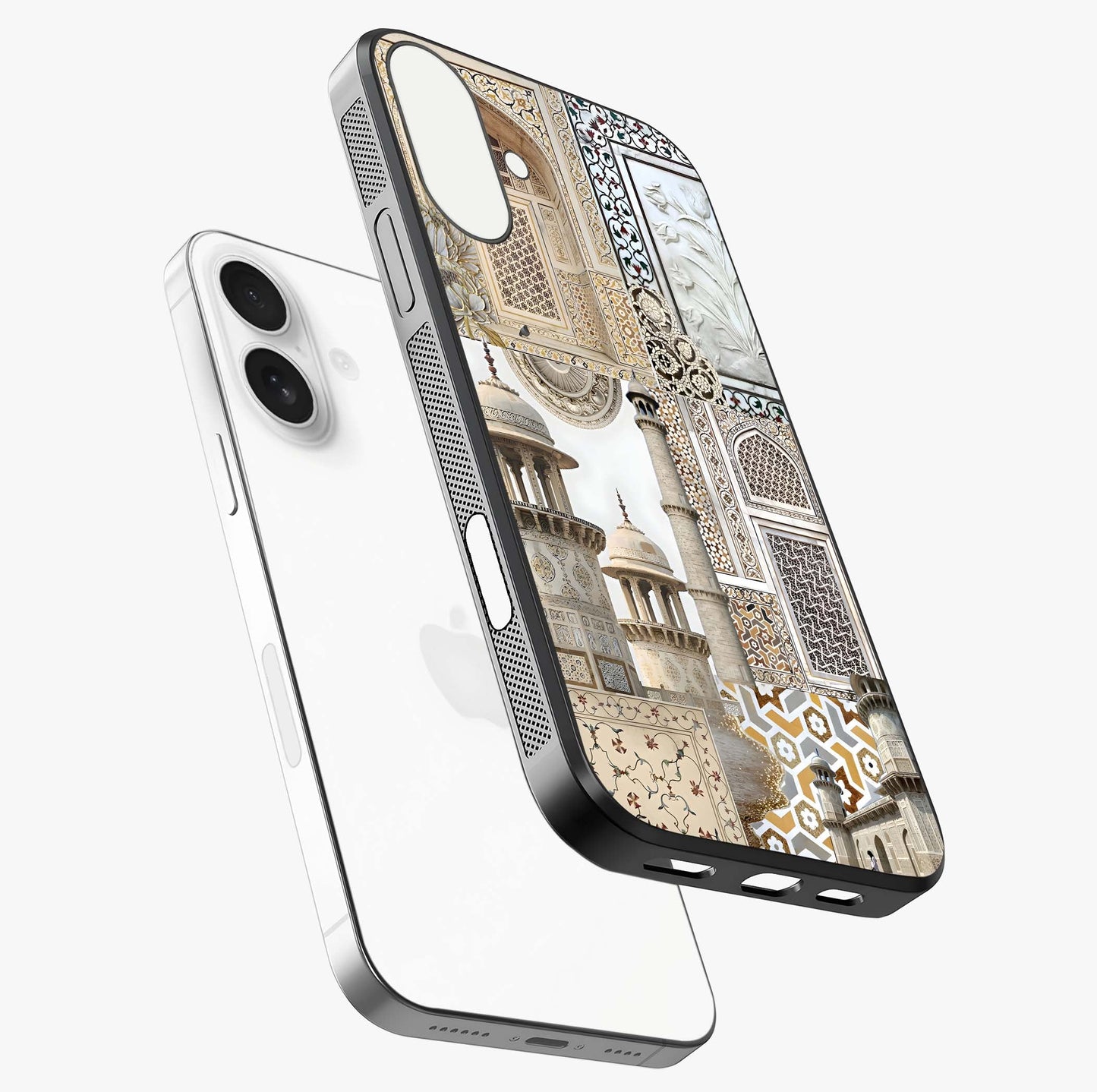 Mughal Marble Legacy Glass Case laid diagonally highlighting side profile, edges and glossy glass shine.