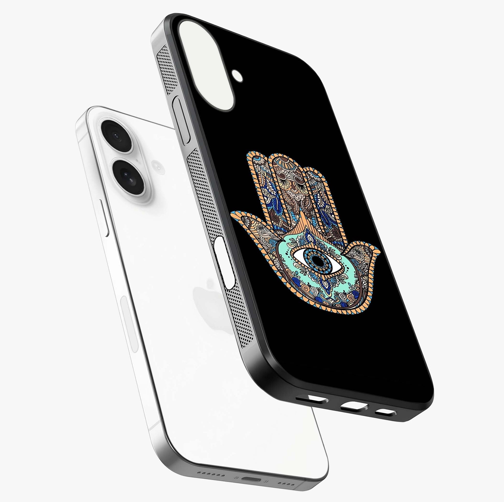 Mystic Hamsa Eye Glass Case laid diagonally highlighting side profile, edges and glossy glass shine.