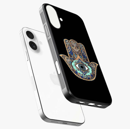 Mystic Hamsa Eye Glass Case laid diagonally highlighting side profile, edges and glossy glass shine.