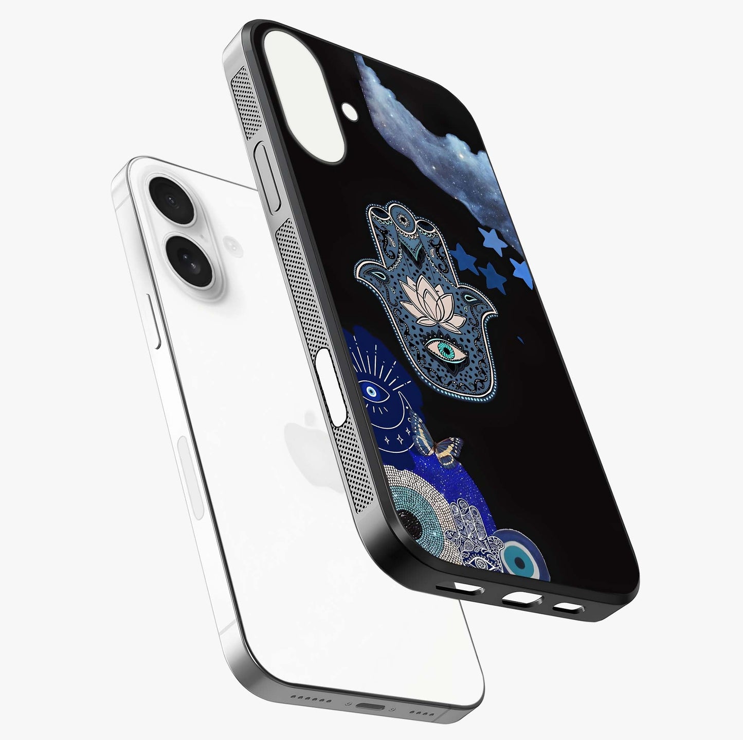 Mystic Hand Aura Glass Case laid diagonally highlighting side profile, edges and glossy glass shine.