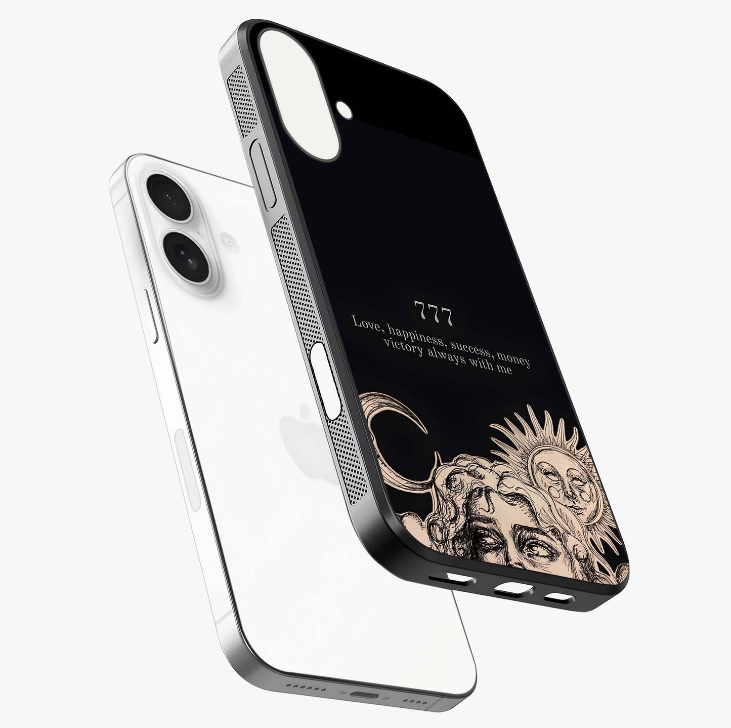 Mystic Victory Aura Glass Case laid diagonally highlighting side profile, edges and glossy glass shine.